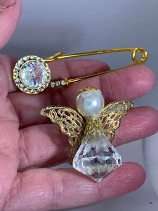 Lot of 2 Angel Safety Pin Clear Rhinestones Vintage Gold Brooch Kilt Pin M-3143 - Picture 1 of 3