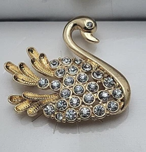Neu aus altem Lagerbestand Weihnachten goldfarbene Strass Schwan Brosche in Box - Bild 1 von 2
