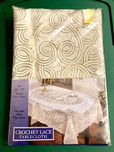Vintage Elrene NIP Crochet Lace Vinyl Tablecloth 54” x72” Oblong White Gold Trim - Picture 1 of 2