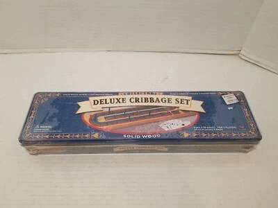 New 1999  Deluxe Cribbage Set Collectors Game Tin Solid Wood Continuous Track  - Image 1 of 4