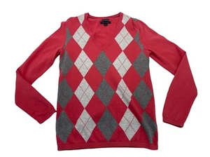 Tommy Hilfiger Sweater Argyle Sweater Coral Pink Gray Pima Cotton Women’s Medium - Picture 1 of 11
