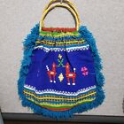 Hand Made Embroidered Wool Fringe Handle Purse Bag Bamboo Handles