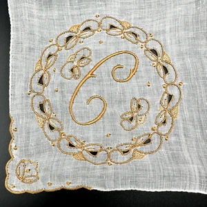 Embroidered Raised Monogram Letter C Handkerchief Bride Something Old Vintage - Picture 1 of 9