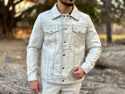 Mens White Distressed Leather Trucker Jacket, Leather Jacket - Image 1 of 4