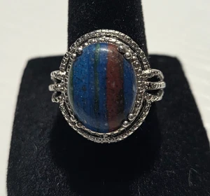 Sterling Silver 525 Rainbow Calsilica Gemstone Bohemian Ring Size 8 - Picture 1 of 4