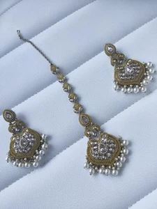 Indian pakistani yellow mehdi polish Kundan polki tikka Earring Jewelry Set - Picture 1 of 4