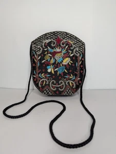 Mini Bolso de Hombro Bandolera Floral Negro Vintage con Cuentas y Bordado - Imagen 1 de 6