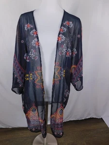 Boho Blumen Paisley Kimono transparent Strickjacke marine schwarz L - Bild 1 von 12