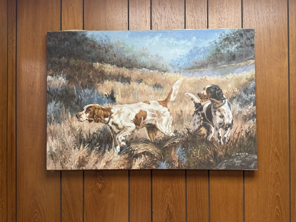 Pintura al óleo vintage de K. Rizo perros de caza puntero spaniels escena de campo firmada Foto 1 de 1
