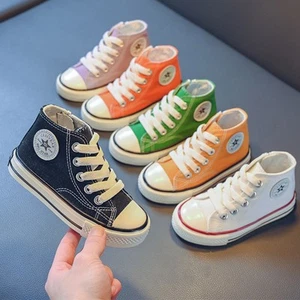 GIRLS BOYS CANVAS TRAINERS MID HIGH TOP PUMPS KIDS LACE UP PLIMSOLLS SHOES SIZES - Picture 1 of 28