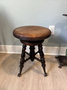 Great Oak Antique Victorian Wooden Piano Stool With Glass Ball & Claw Feet - Picture 1 of 13