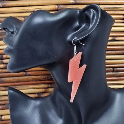 Handmade Resin Dark Pink Lightning Bolt Dangle Earrings Retro Mod VLV Tiki - Image 1 of 4