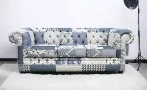 New Chesterfield Patchwork 3 Seater Sofa Settee Charles Beige - Picture 1 of 2