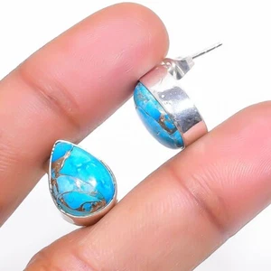 Copper Turquoise Gemstone 925 Sterling Silver Jewelry Stud Earring Size 0.75'' - Picture 1 of 1