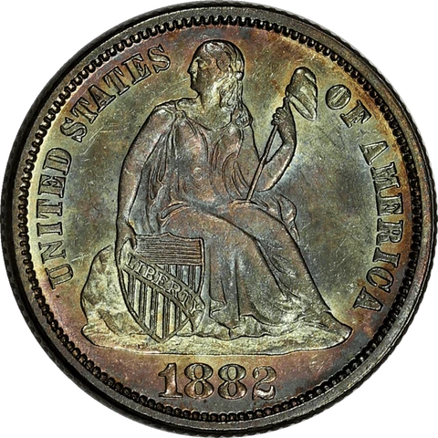 1882 Seated Liberty Dime, -Raw- Gem Uncirculated - Attractive Color Cover