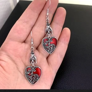 Red Heart Gothic Dangle Drop Earrings Hook Bat Details Necklace Also Available - Picture 1 of 1