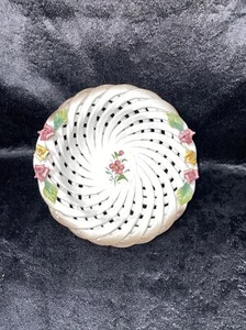Vintage Italian Capodimonte Porcelain Open Weave Bowl with Yellow/Pink Flowers - Picture 1 of 10