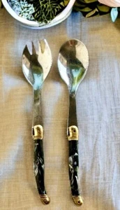 Antique 1900s Vintage Laguiole Serving Spoon & Fork Stainless Bee Emblem Pre Own - Picture 1 of 4