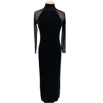 90s Vtg Black Sheer Sleeve Beaded Shimmer Fitted Maxi Dress Goth Whimsigoth 8 - Image 1 of 4