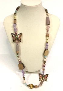 Vtg Puffy 2 Sided Butterfly Cloisonne Enamel Stone Beaded Necklace Double Clasp - Picture 1 of 5