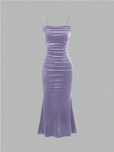 Lila MOD einfarbiges gerafftes Trägerkleid mit Meerjungfrauensaum Gr. XS S M L - Bild 1 von 5