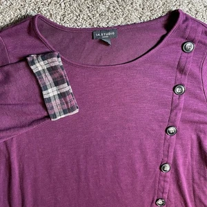 IN Studio Round Neck Plaid Flannel Ruffle 1X Blouse Academia Scholar Womens - Picture 1 of 8