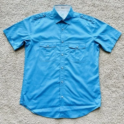 Bugatchi Uomo Shirt Mens Medium Pearl Snap Sky Blue Military Style Epaulettes - Image 1 of 4