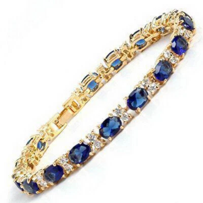 Blue Cubic Zirconia Sapphire 18KGP Crystal Link Clasp Women Girl Bangle Bracelet - Image 1 of 3