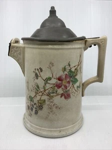 Antique Large Knowles Taylor Knowles Hand Painted Pitcher Coffee Pot Pewter Lid - Picture 1 of 12