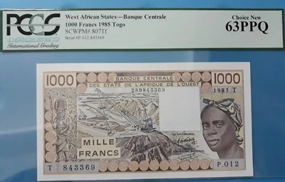 1985 West African States 1000 Francs PCGS63 PPQ  <P-807Tf> "Togo" - Image 1 of 2