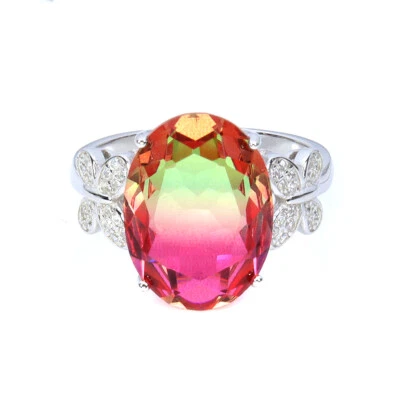 925 Sterling Silver Ring Tourmaline Synthetic Watermelon Gemstone Jewelry Size 9 - Image 1 of 4