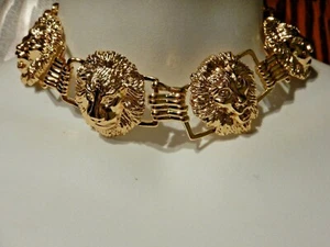 GOLDEN LION LINK CHAIN CHOKER metal gold tone big cat face panther necklace U1 - Picture 1 of 8