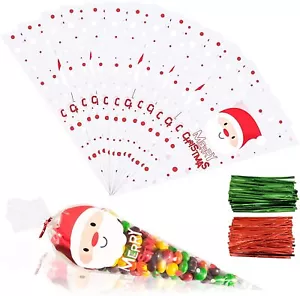 20 Father Christmas Cellophane Party Cone Cello Bags for Sweets with Twist Ties - Picture 1 of 6