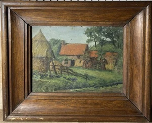 Antique European Oil On Board Rural Farm Scene Unknown Artist Solid Wood Frame - Picture 1 of 15