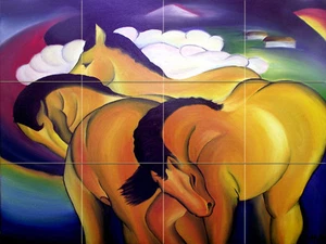 Art Franz Marc Yellow Horses Mural Tumbled Marble Backsplash Bath Tile #2134 - Picture 1 of 1