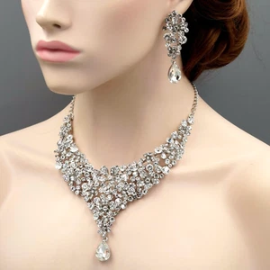 Rhodium Plated Flower Crystal Necklace Earrings Bridal Wedding Jewelry Set 09796 - Picture 1 of 9