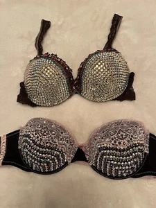 PUSH UP BRA HANDCRAFTED CRYSTALS SEXY LINGERIE LOT of 2 WOMEN'S SIZE 34C JEZEBEL - Picture 1 of 7