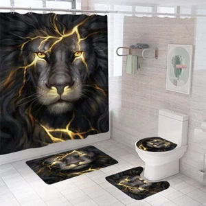 Löwe Duschvorhang Badvorleger Set Dick Rutschfest Badematte Toilettendeckel Abdeckung - Bild 1 von 11