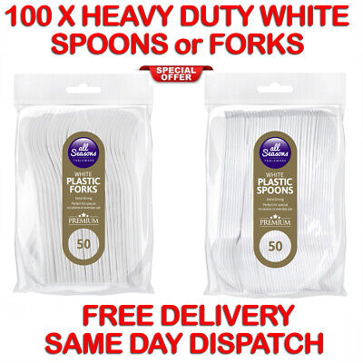 Heavy Duty Plastic Spoons Forks White X-Strong Disposable Party Events Everyday • 5.97£