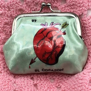 Mexican Loteria Coin Purse Monedero Snap Close KissLock EL CORAZON Retro Green - Picture 1 of 8