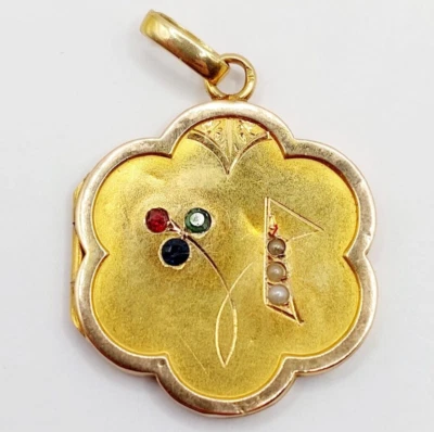 Pendentif porte photo antique or 18k pierre rouge, émeraude, saphir, perle (1910 - Photo 1/4