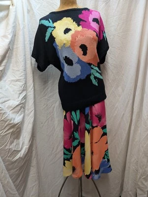 1990's Pink Black Green Yellow Knit Sweater & Rayon Skirt Jimmy Garcia M - Image 1 of 4