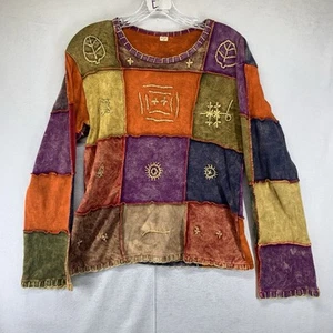 Women's Colorful Earth Tones Top Small Nepal 100% Cotton Patchwork Embroidered - Picture 1 of 16