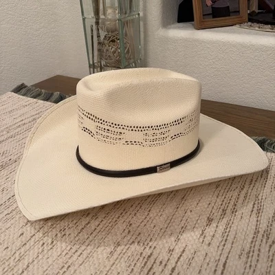 Atwood Hat Company 6 7/8 KAYCEE Long Oval Straw Cowboy Hat Leather Trim 4" Brim - Image 1 of 4