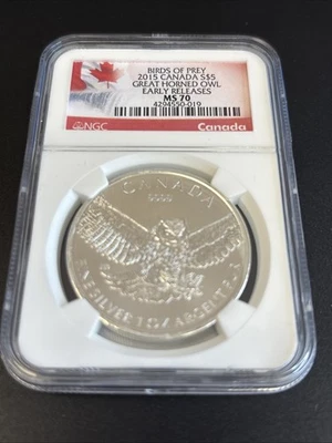 2015 $5 CANADA 1OZ SILVER GREAT HORNED OWL NGC MS70 EARLY RELEASE BIRDS OF PREY - Image 1 of 2