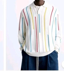 Zara Men's Knit Polo Shirt Size L White Stripes Cotton Collared Button V-Neck - Picture 1 of 17