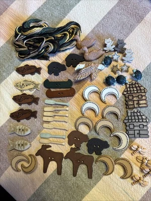 50 Vintage Camping Woods Buttons Moose Bear Cabins Fish Canoe Embroidery Thread - Image 1 of 4