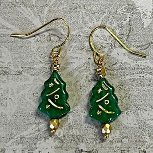Gold Tone Czech Etched Green Christmas Tree Dangle Earrings. Artisan. S271 - Picture 1 of 2