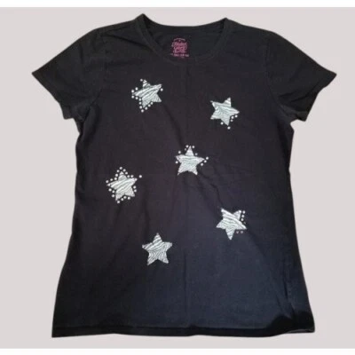 * FADED GLORY Black Sparkly Sequin Star Short Sleeved Top Girls 14-16 - Image 1 of 3