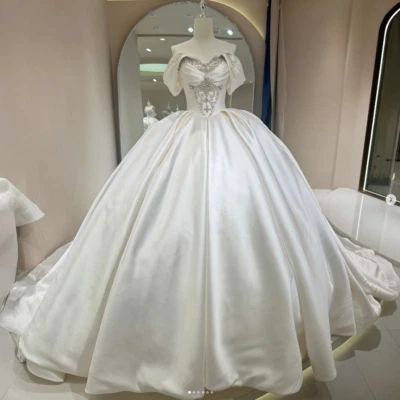 Off Shoulder Satin Wedding Dresses Beaded White Ivory Sweep Train Bridal Gowns - Image 1 of 4